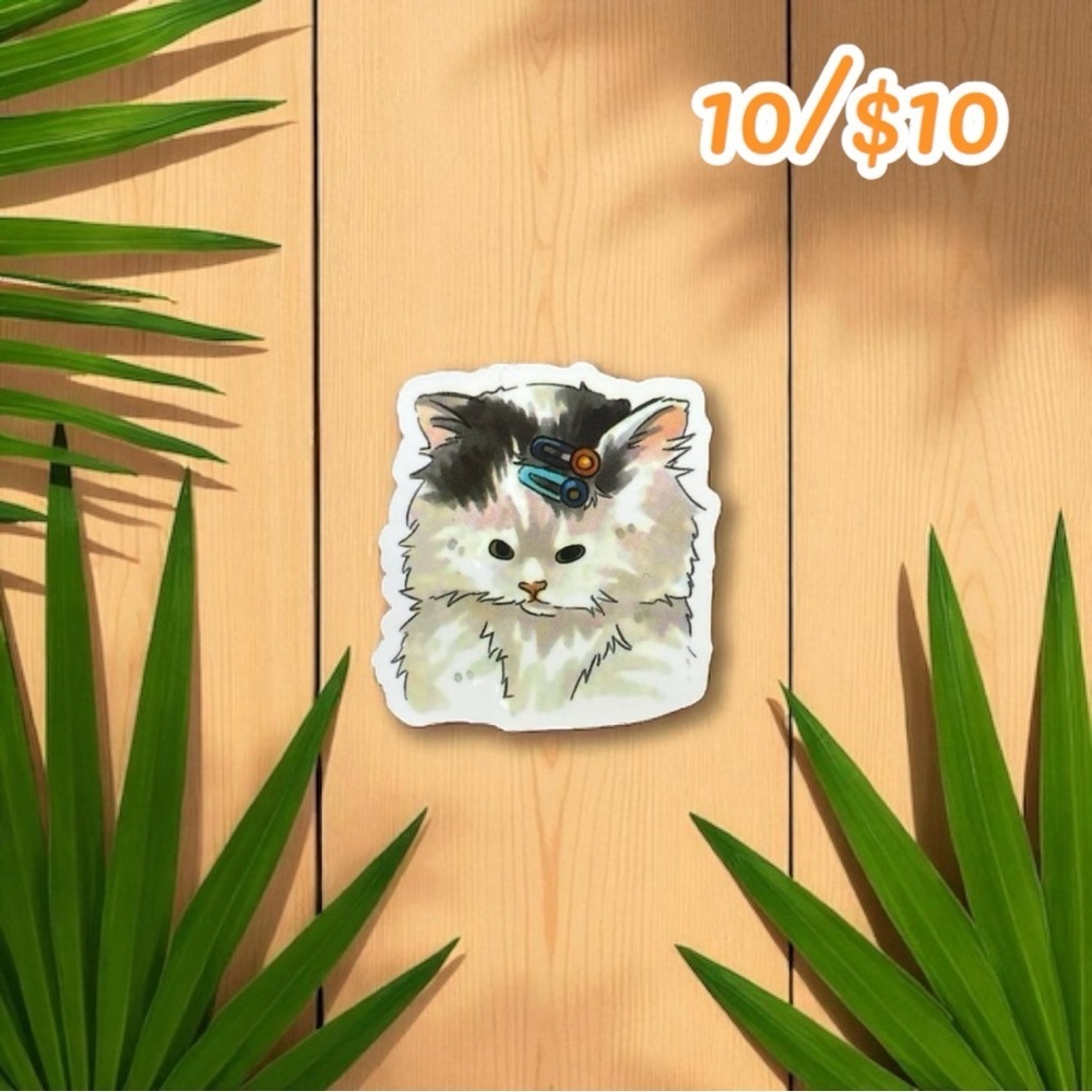 Fluffy Cat With Hair Clips Sticker – 1.5”